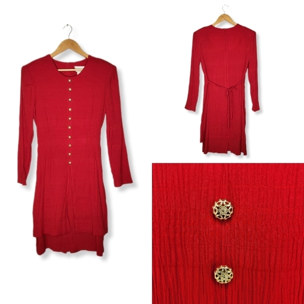 Vintage 90s Red Button Tie Back Long Sleeve Mini Dress Size 12